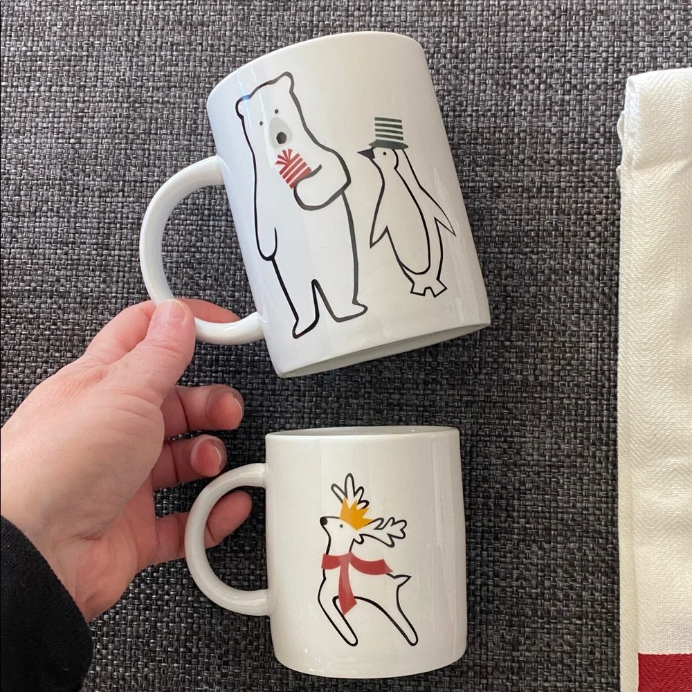 NWT Crate&Barrel Arctic Friends 4 Mugs & 3 Towels Set, Holiday Christmas Decor